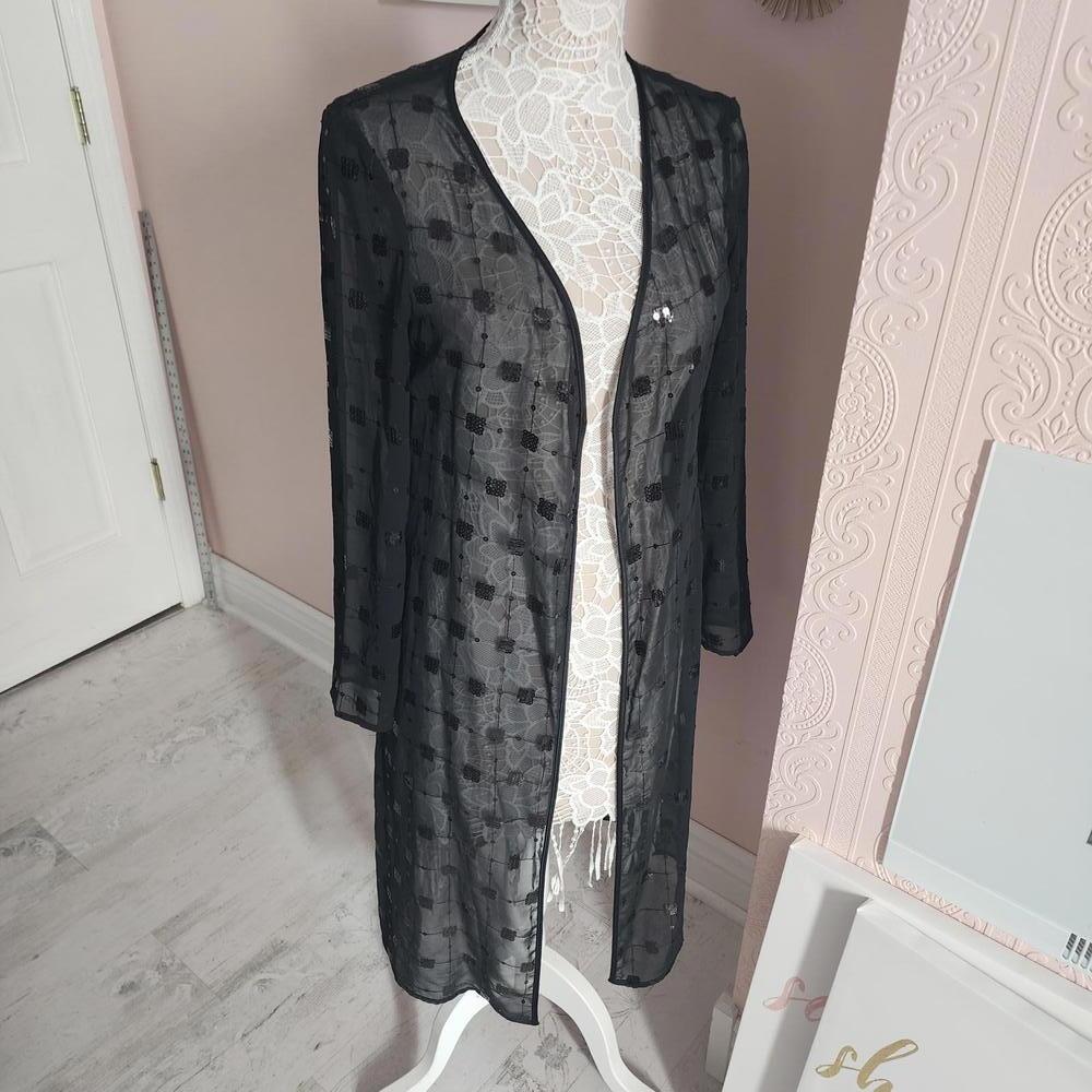 LKNW Elegant Donna Ricco Sheer Black Duster Jacket sequins – Size M 8 HH51